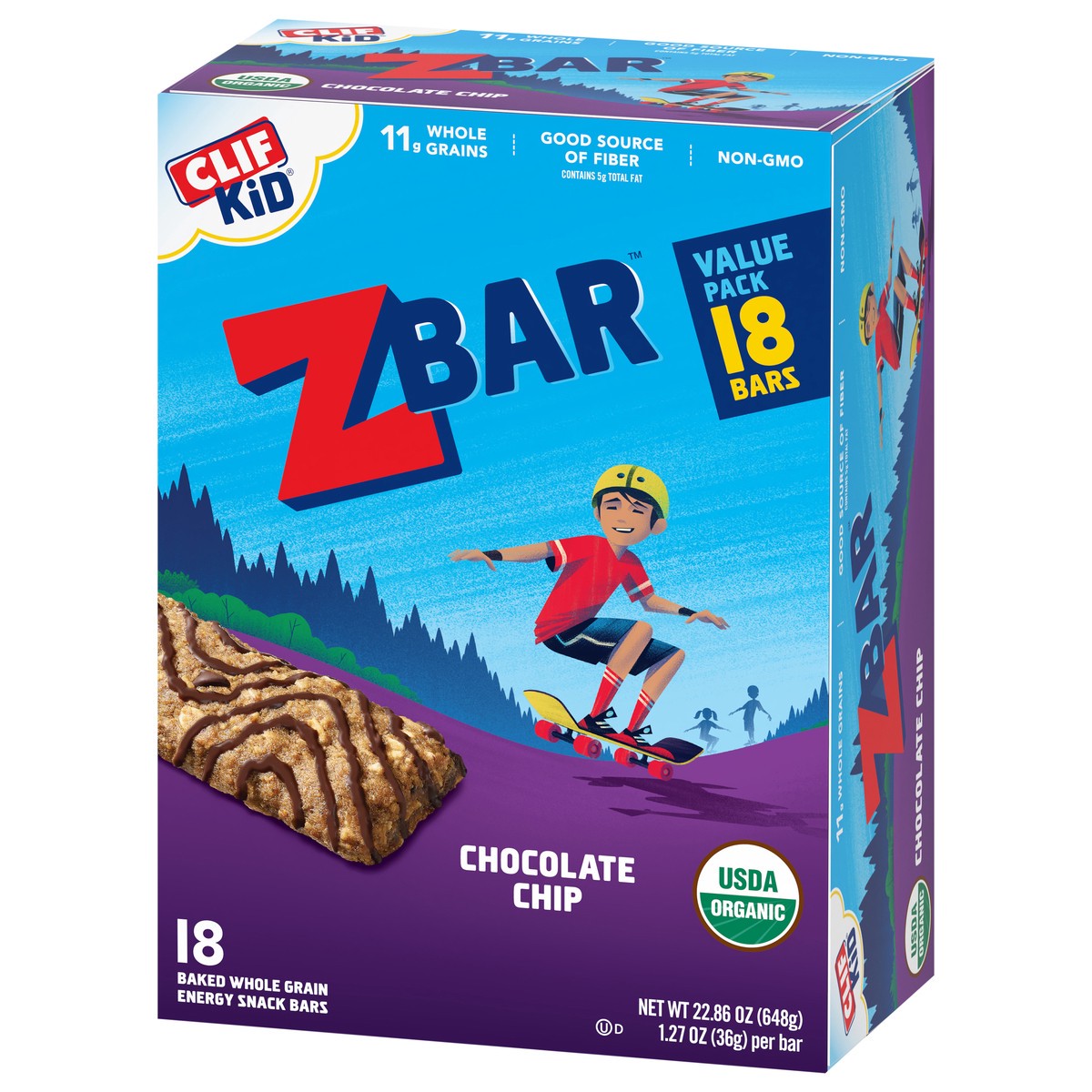 slide 7 of 9, CLIF Kid Zbar - Chocolate Chip - Soft Baked Whole Grain Snack Bars - USDA Organic - Non-GMO - Plant-Based - 1.27 oz. (18 Pack), 22.86 oz