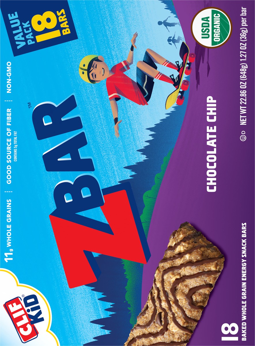 slide 4 of 9, CLIF Kid Zbar - Chocolate Chip - Soft Baked Whole Grain Snack Bars - USDA Organic - Non-GMO - Plant-Based - 1.27 oz. (18 Pack), 22.86 oz