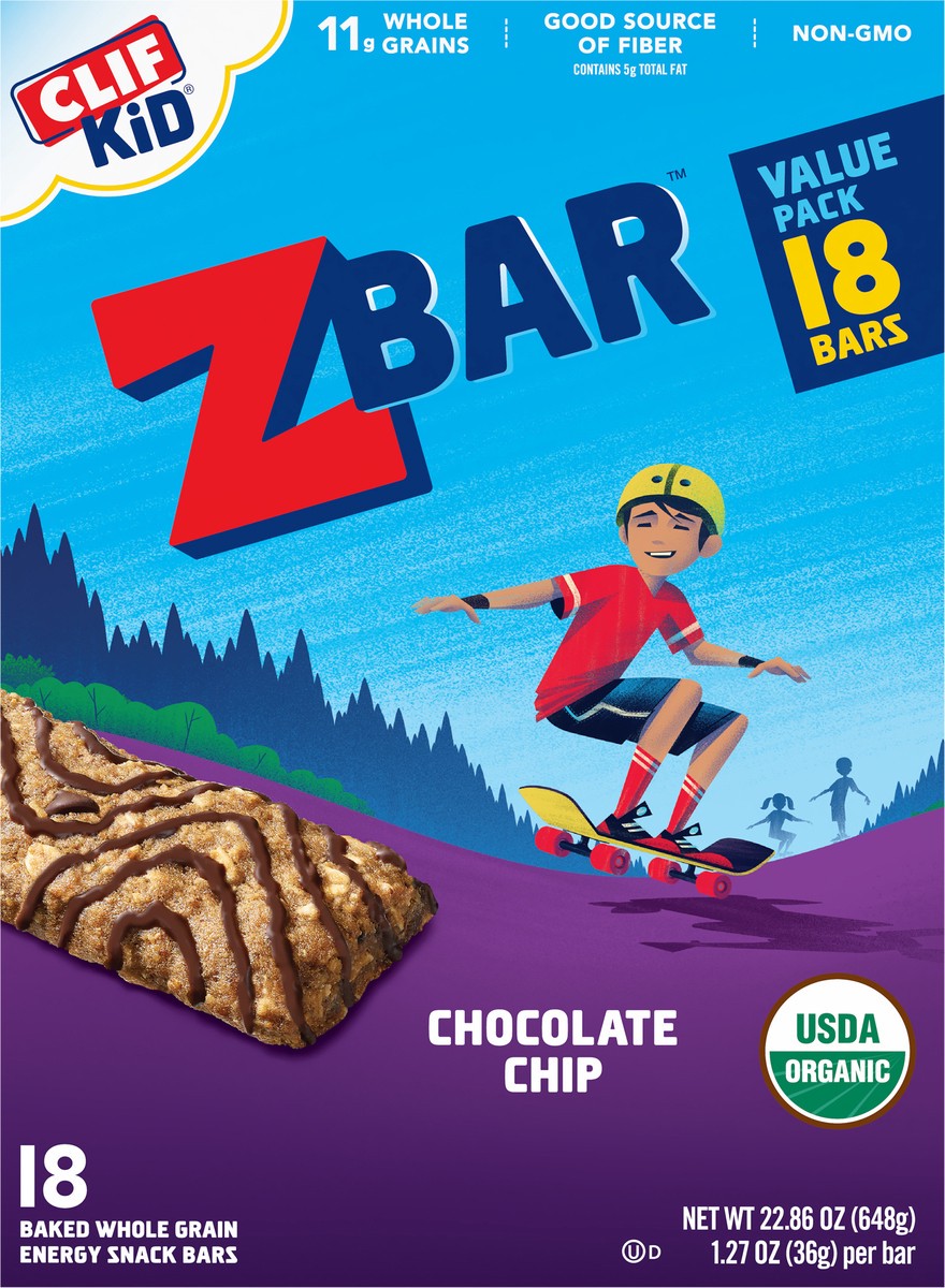 slide 8 of 9, CLIF Kid Zbar - Chocolate Chip - Soft Baked Whole Grain Snack Bars - USDA Organic - Non-GMO - Plant-Based - 1.27 oz. (18 Pack), 22.86 oz