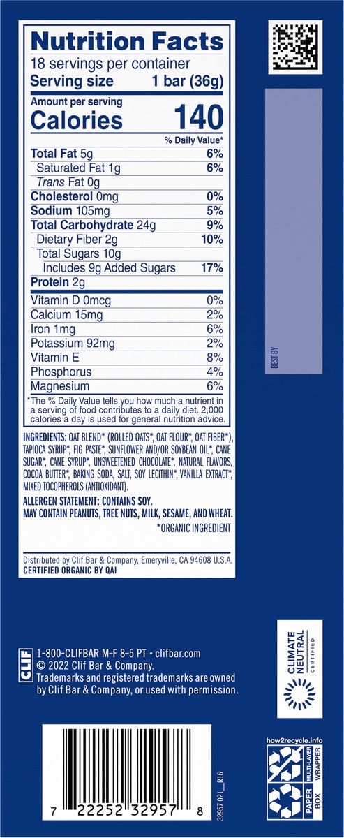 slide 5 of 9, CLIF Kid Zbar - Chocolate Chip - Soft Baked Whole Grain Snack Bars - USDA Organic - Non-GMO - Plant-Based - 1.27 oz. (18 Pack), 22.86 oz