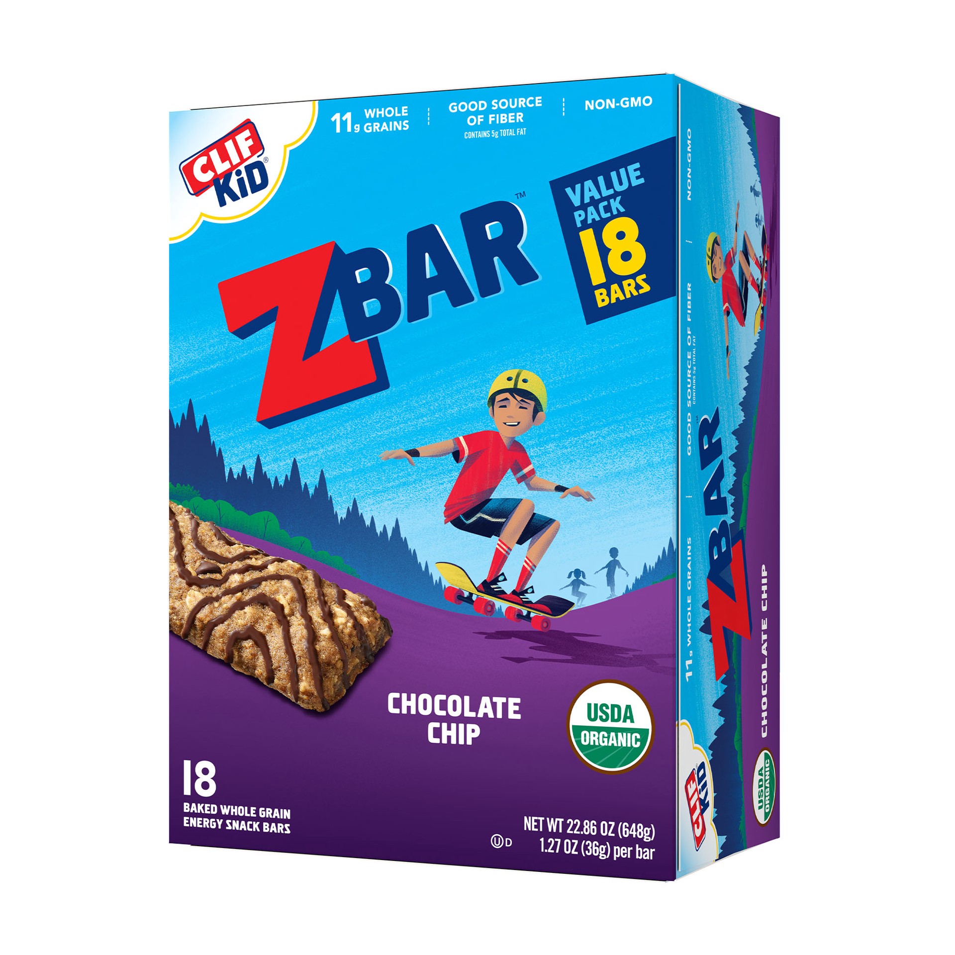 slide 1 of 9, CLIF Kid Zbar - Chocolate Chip - Soft Baked Whole Grain Snack Bars - USDA Organic - Non-GMO - Plant-Based - 1.27 oz. (18 Pack), 22.86 oz