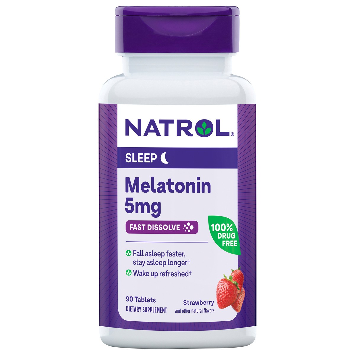 slide 1 of 9, Natrol Melatonin 5mg, Strawberry-Flavored Dietary Supplement for Restful Sleep, 90 Fast-Dissolve Tablets, 90 Day Supply, 90 ct