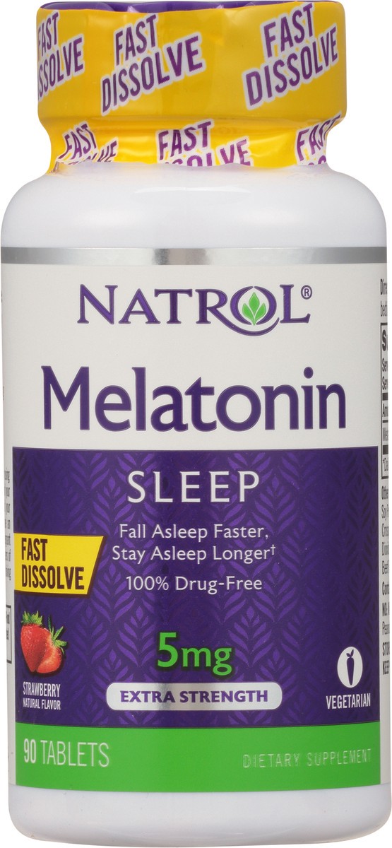 slide 9 of 9, Natrol Melatonin 5mg, Strawberry-Flavored Dietary Supplement for Restful Sleep, 90 Fast-Dissolve Tablets, 90 Day Supply, 90 ct