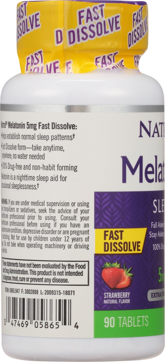 slide 5 of 9, Natrol Melatonin 5mg, Strawberry-Flavored Dietary Supplement for Restful Sleep, 90 Fast-Dissolve Tablets, 90 Day Supply, 90 ct