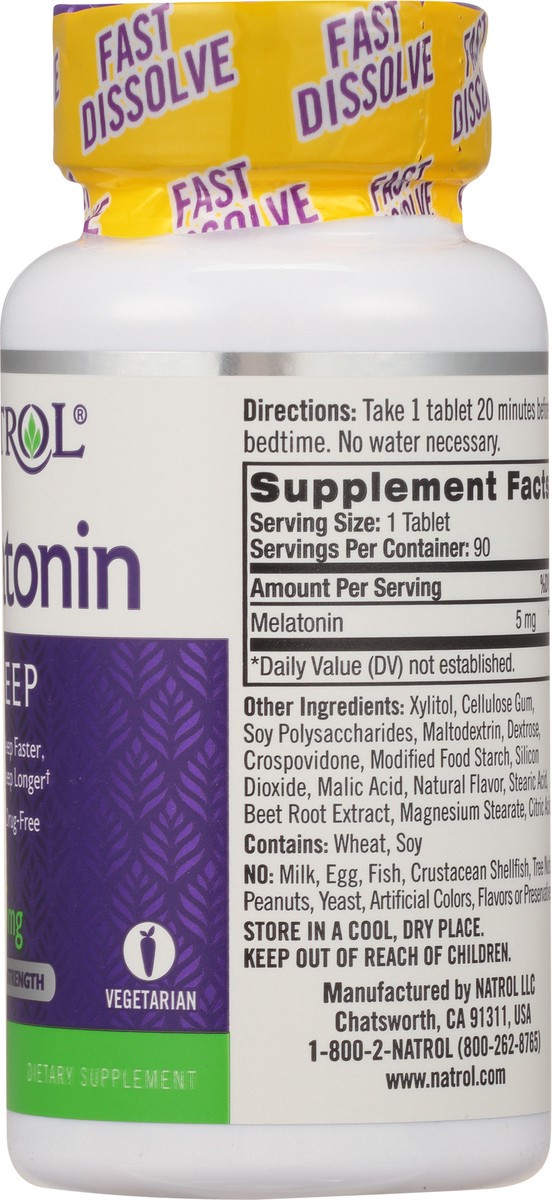 slide 6 of 9, Natrol Melatonin 5mg, Strawberry-Flavored Dietary Supplement for Restful Sleep, 90 Fast-Dissolve Tablets, 90 Day Supply, 90 ct