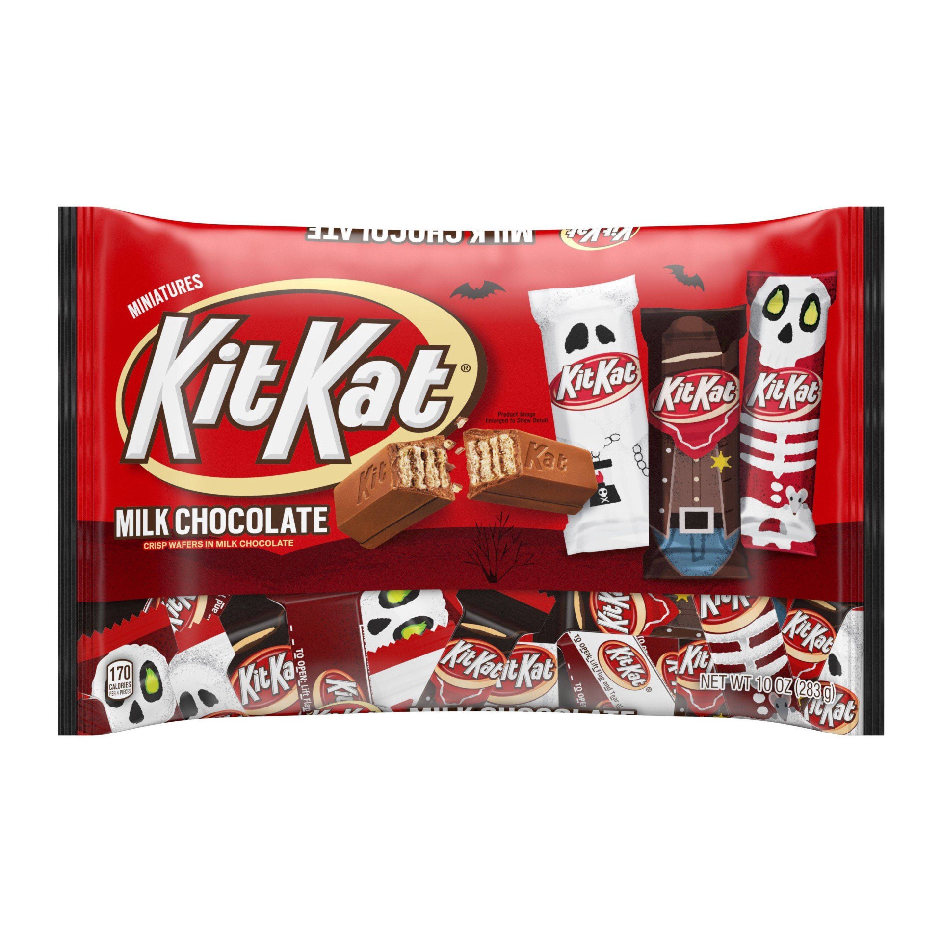 slide 1 of 5, KIT KAT Halloween Crisp Wafers In Milk Chocoalte Miniatures Candy With Spooky Foils, 10 oz