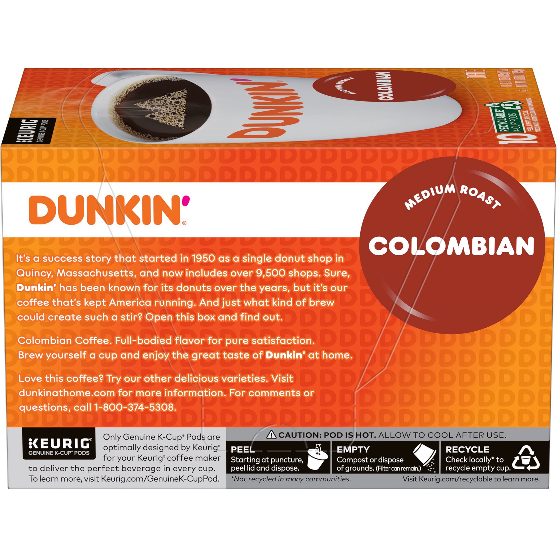 slide 5 of 7, Dunkin'' Colombian Coffee, Medium Roast, Keurig K-Cup Pods, 10 Count Box, 10 ct