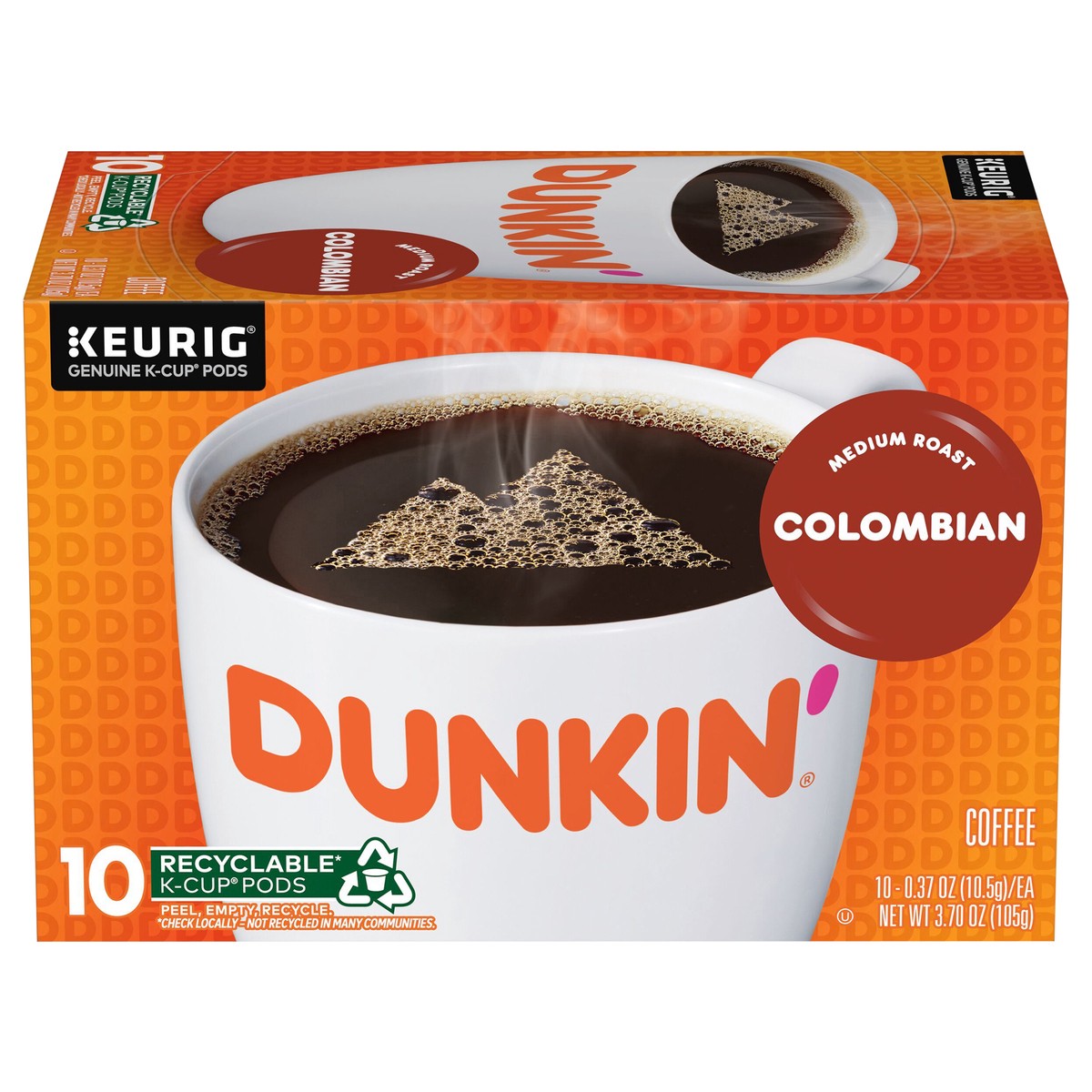 slide 1 of 7, Dunkin'' Colombian Coffee, Medium Roast, Keurig K-Cup Pods, 10 Count Box, 10 ct