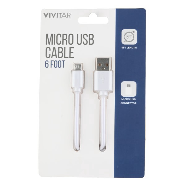 slide 1 of 4, Vivitar Usb-A To Micro Usb Cable, 6', White, Nil5006-Wht-Stk-24, 1 ct