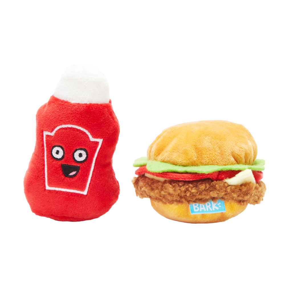 slide 1 of 1, Bark Cookout Burger Ketchup Plush Dog Toy, 1 ct