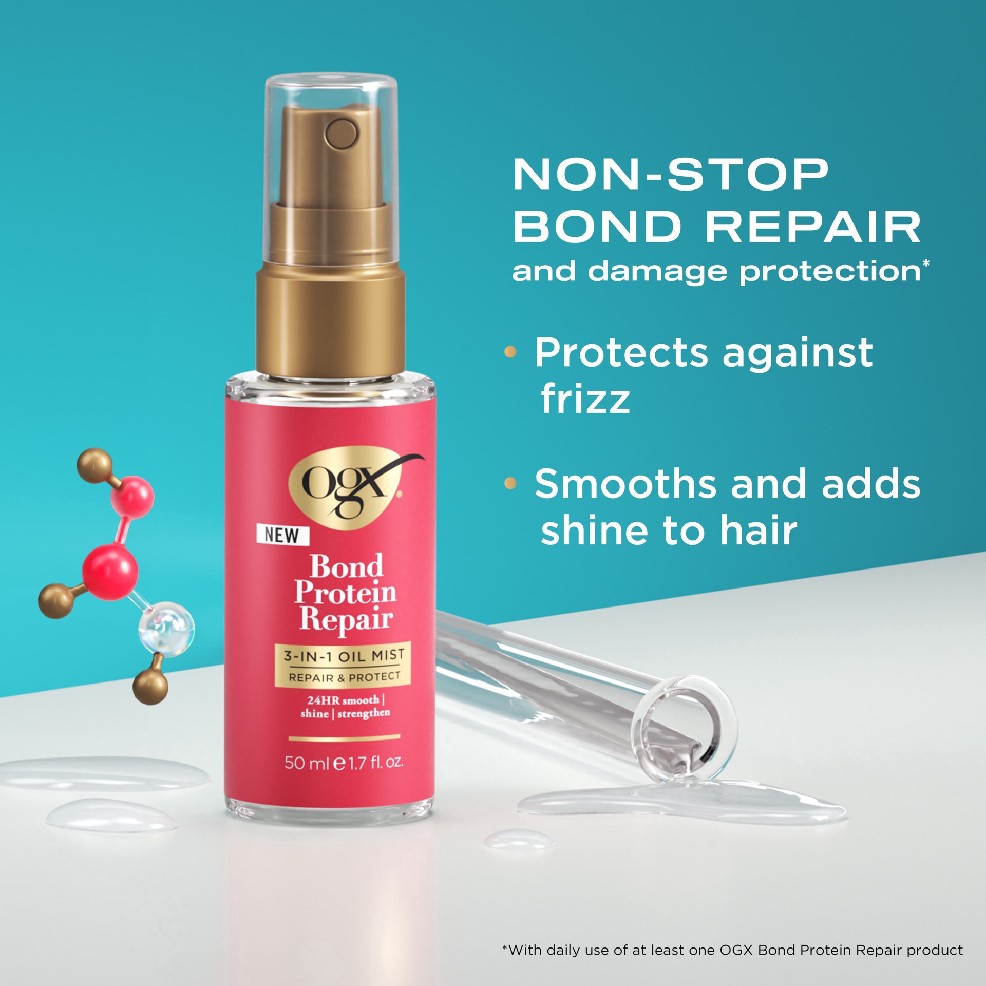 slide 8 of 9, OGX Repair & Protect Bond Protein Repair 3-in-1 Oil Mist, 1.7 fl. oz, 1.7 oz