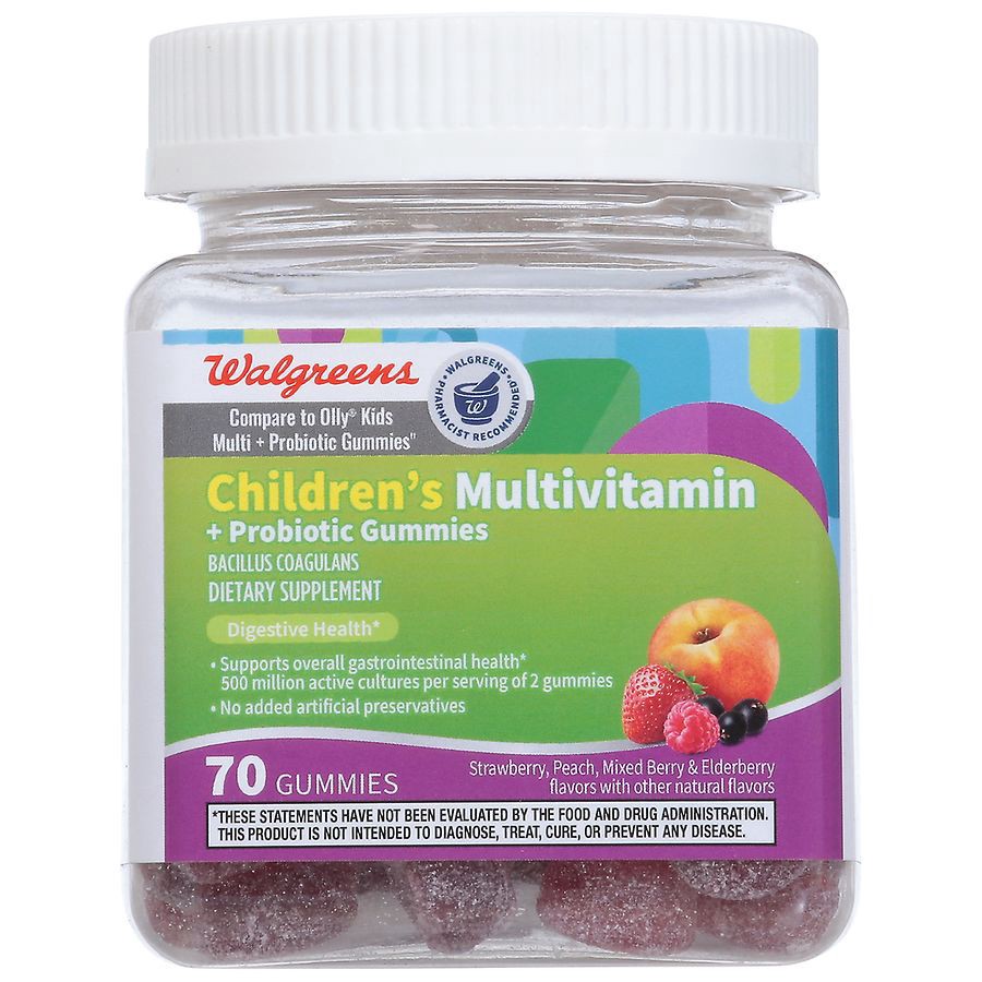 slide 1 of 5, Walgreens Children's Multivitamin + Probiotic Gummies Strawberry, Peach, Mixed Berry & Elderberry, 70 ct