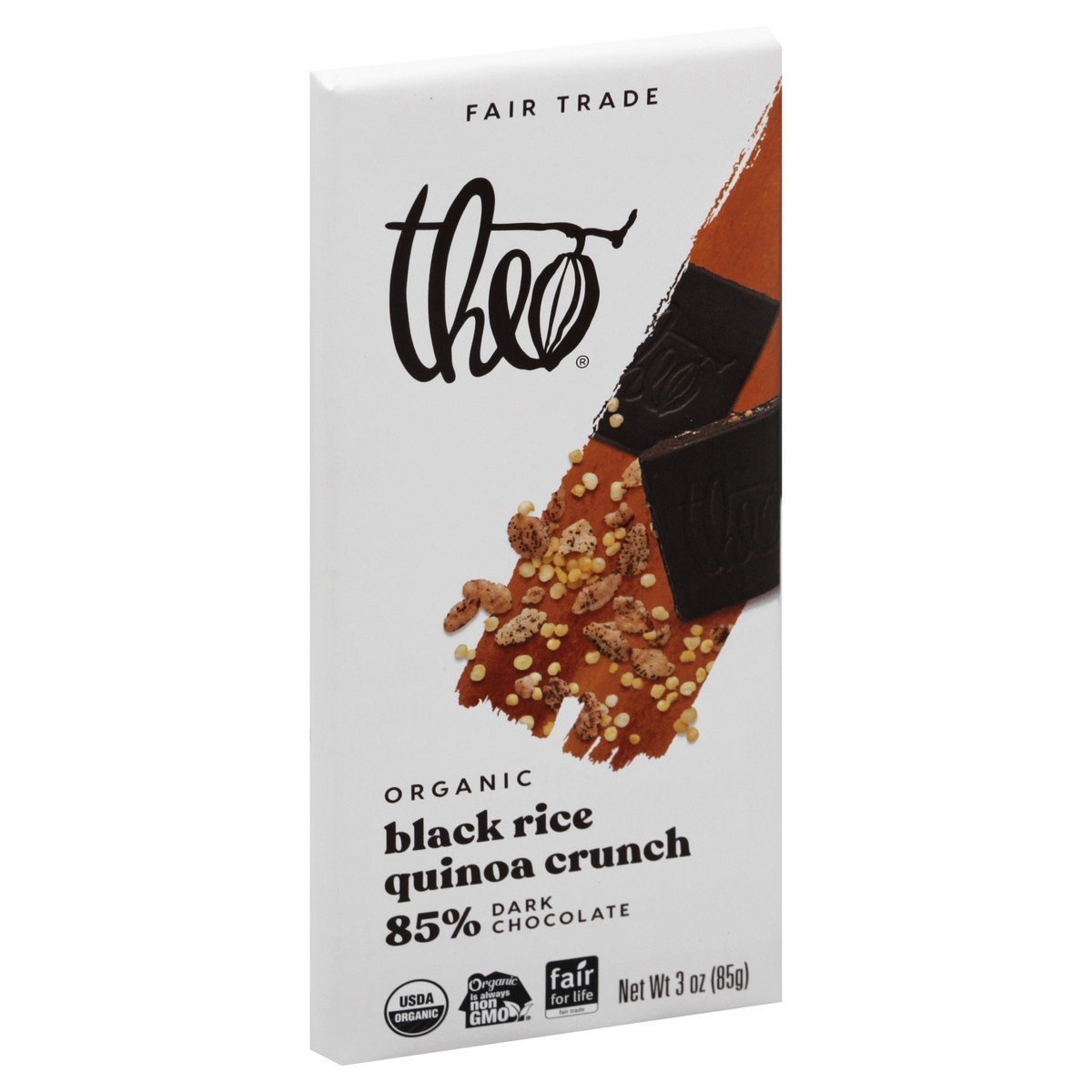 slide 2 of 13, Theo Chocolate Bar Chocolate Black Rice Quinoa 85% Dark Organic, 3 oz