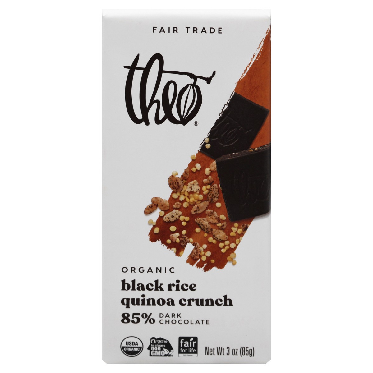 slide 1 of 13, Theo Chocolate Bar Chocolate Black Rice Quinoa 85% Dark Organic, 3 oz