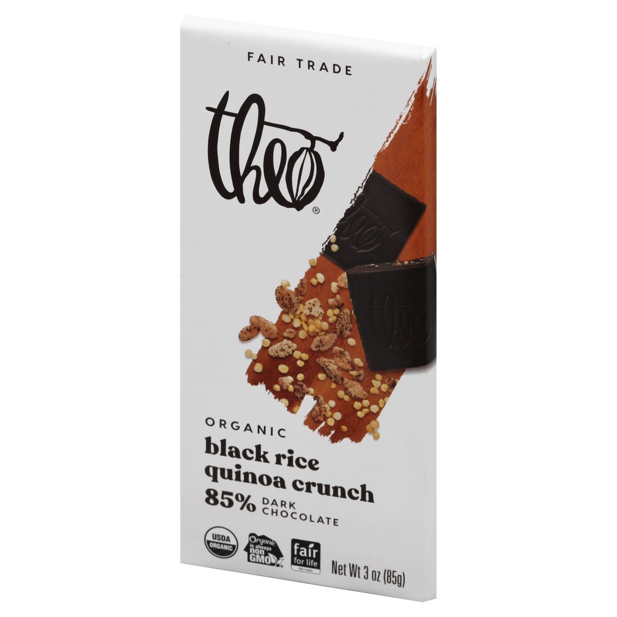 slide 11 of 13, Theo Chocolate Bar Chocolate Black Rice Quinoa 85% Dark Organic, 3 oz