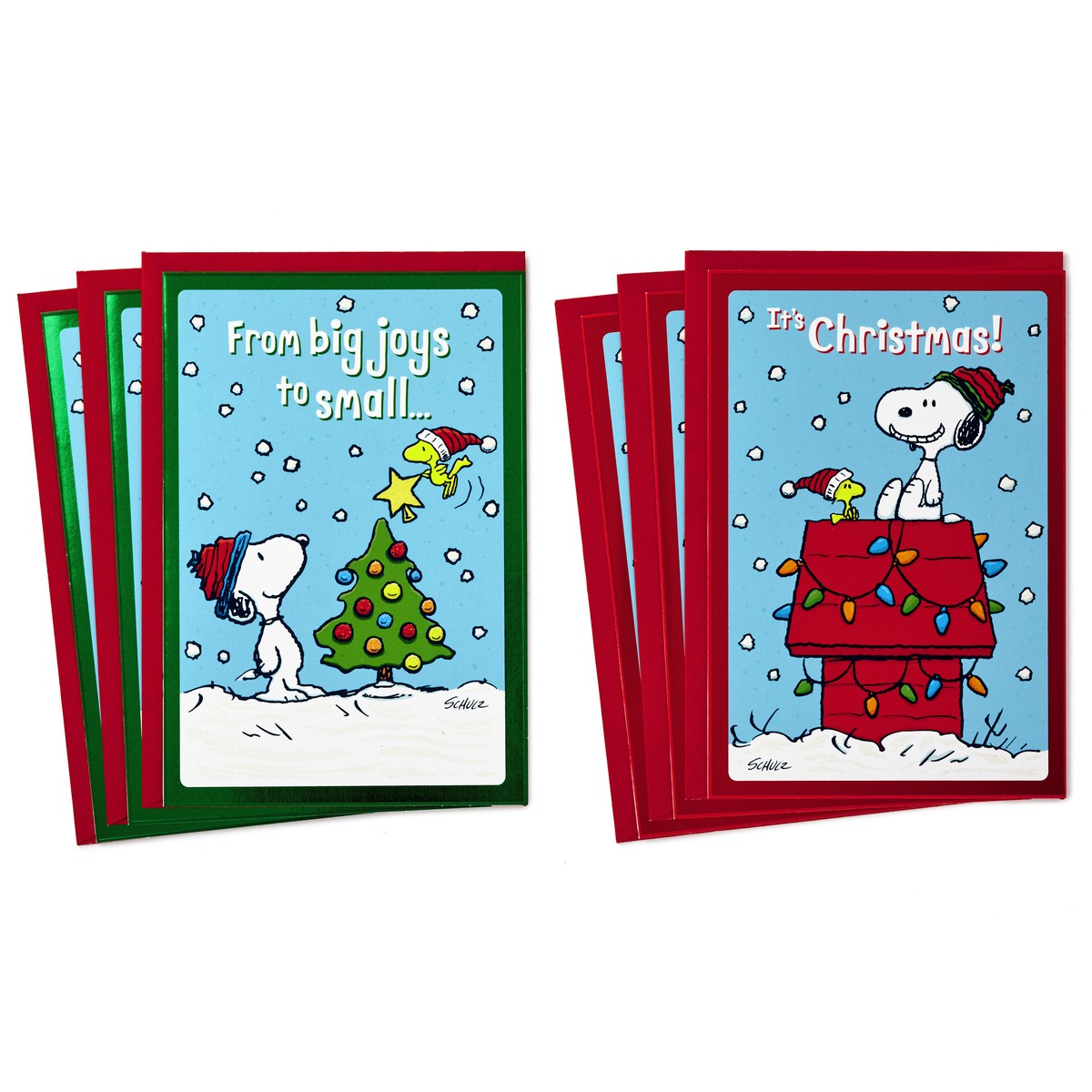 slide 1 of 2, Hallmark Peanuts Christmas Cards Assortment, Snoopy and Woodstock (6 Cards with Envelopes, 2 Designs), 6 ct