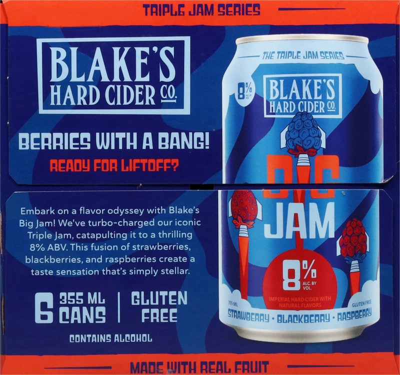 slide 3 of 4, Blake's Hard Cider Co. Big Jam Strawberry, Blackberry & Raspberry Hard Cider 6 - 355 ml Cans, 12 oz
