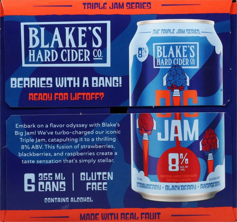 slide 2 of 4, Blake's Hard Cider Co. Big Jam Strawberry, Blackberry & Raspberry Hard Cider 6 - 355 ml Cans, 12 oz