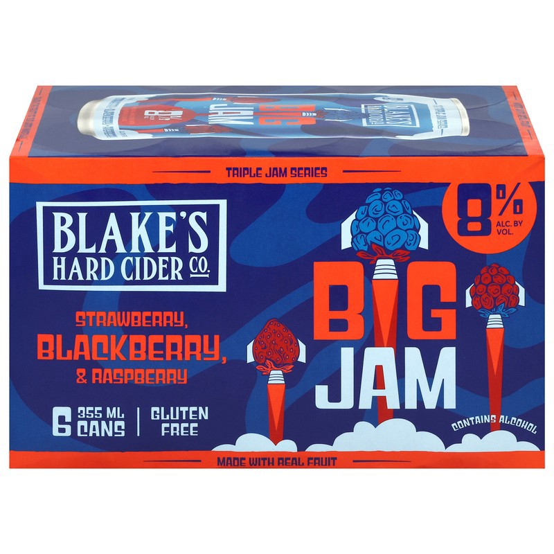 slide 1 of 4, Blake's Hard Cider Co. Big Jam Strawberry, Blackberry & Raspberry Hard Cider 6 - 355 ml Cans, 12 oz