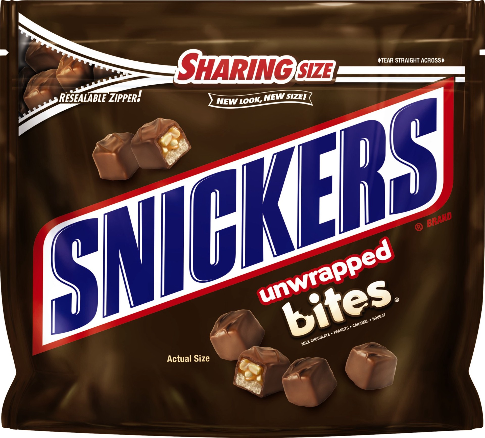 slide 1 of 3, Snickers Chocolate Candy Bars, Bites Size, Sharing Size Resealable Pouch, 9.1 oz, 9 oz