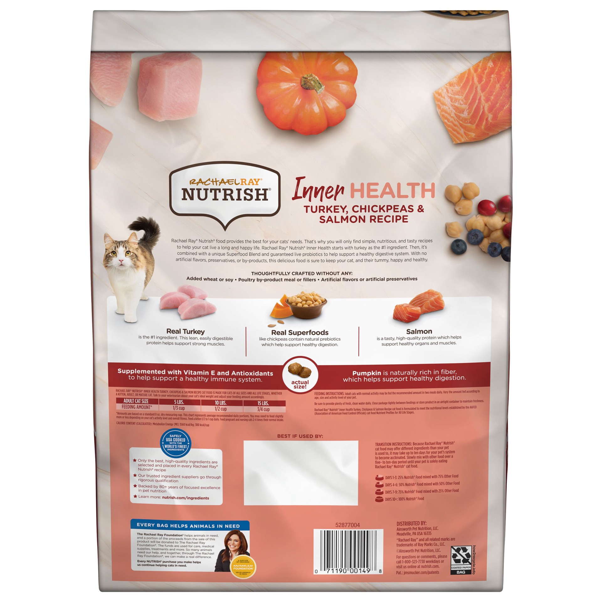 slide 4 of 9, Rachael Ray Nutrish Inner Health Turkey, Chickpeas & Salmon Recipe Dry Cat Food, 6 lb. Bag, 6 lb