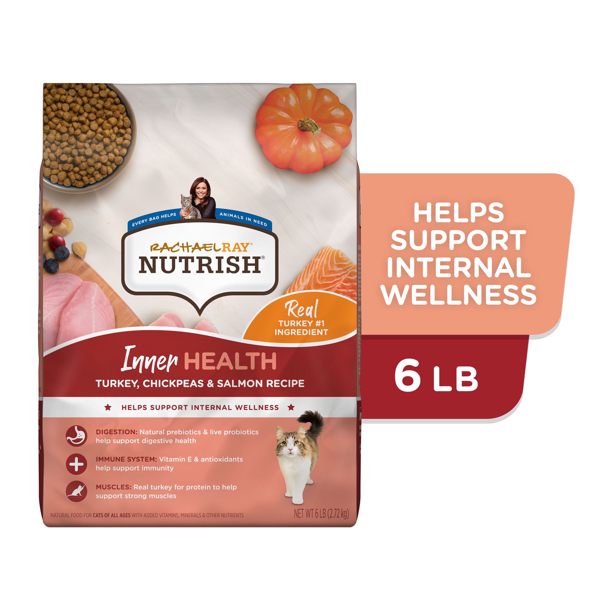 slide 8 of 9, Rachael Ray Nutrish Inner Health Turkey, Chickpeas & Salmon Recipe Dry Cat Food, 6 lb. Bag, 6 lb