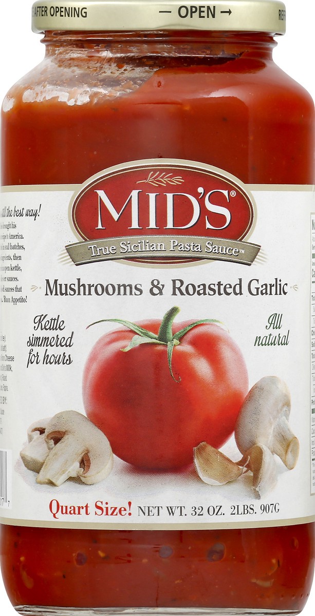 slide 7 of 8, Mid's Pasta Sauce, Mushrooms & Roasted Garlic, 32 oz