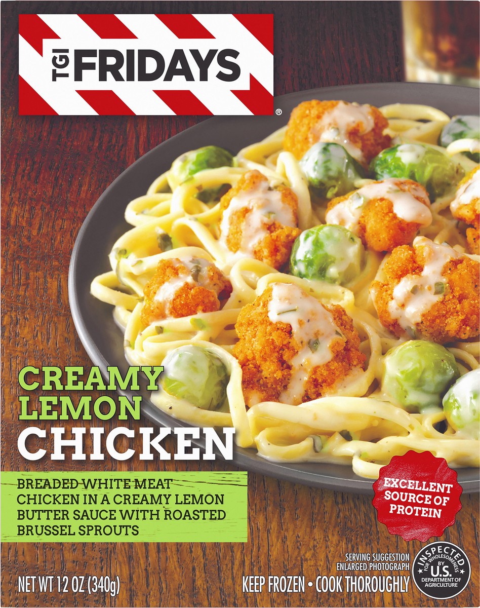 slide 5 of 10, T.G.I. Friday's Creamy Lemon Chicken with Creamy Lemon Butter Sauce & Roasted Brussel Sprouts Frozen Meal, 12 oz Box, 340 g