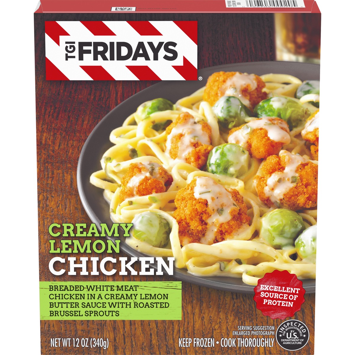 slide 1 of 10, T.G.I. Friday's Creamy Lemon Chicken with Creamy Lemon Butter Sauce & Roasted Brussel Sprouts Frozen Meal, 12 oz Box, 340 g