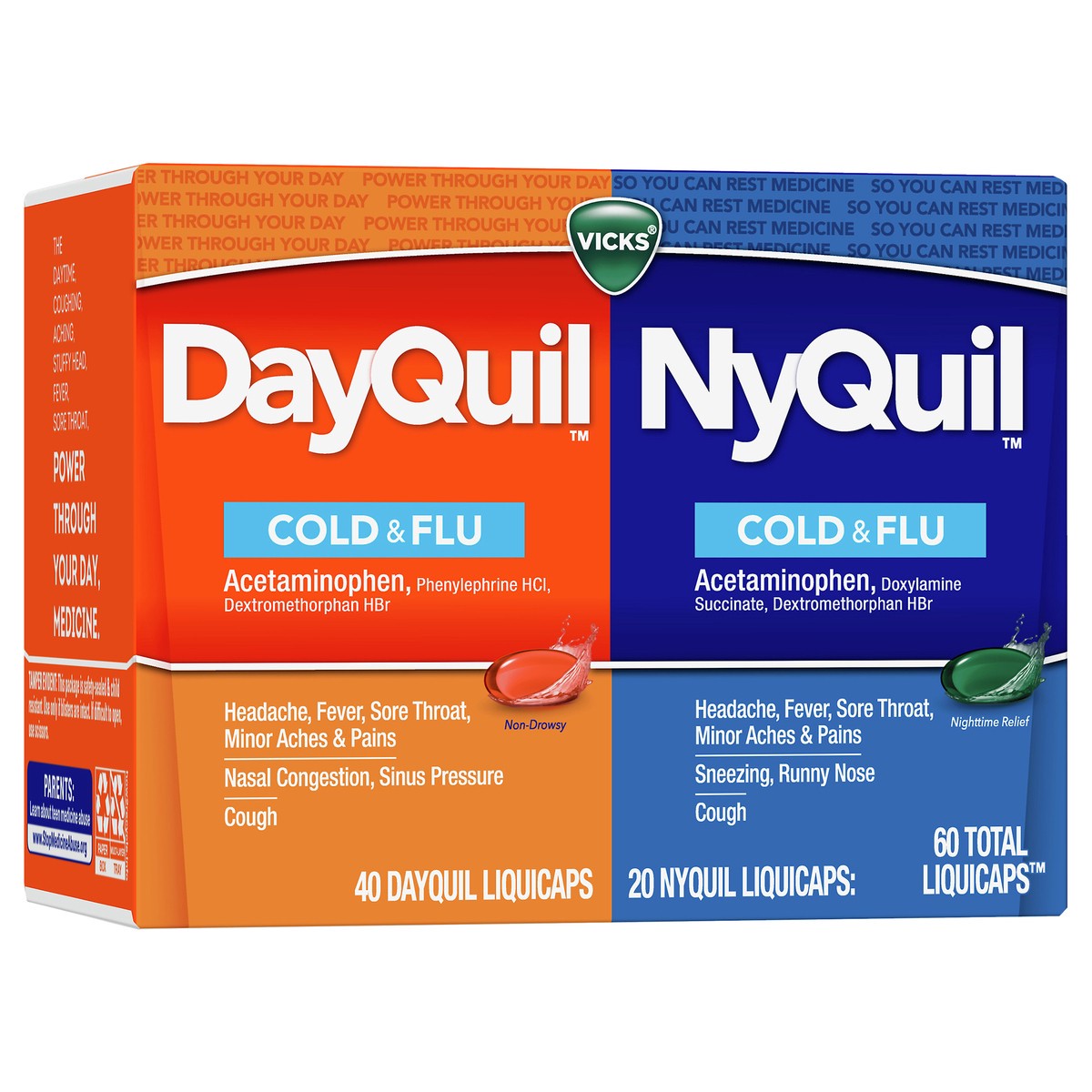 slide 7 of 8, Vicks DayQuil and NyQuil Combo Pack, Cold & Flu Medicine, Powerful Multi-Symptom Daytime and Nighttime Relief for Headache, Fever, Sore Throat, Minor Aches and Pains, and Cough, 60 Count, 40 DayQuil Liquicaps, 20 NyQuil Liquicaps, 60 ct