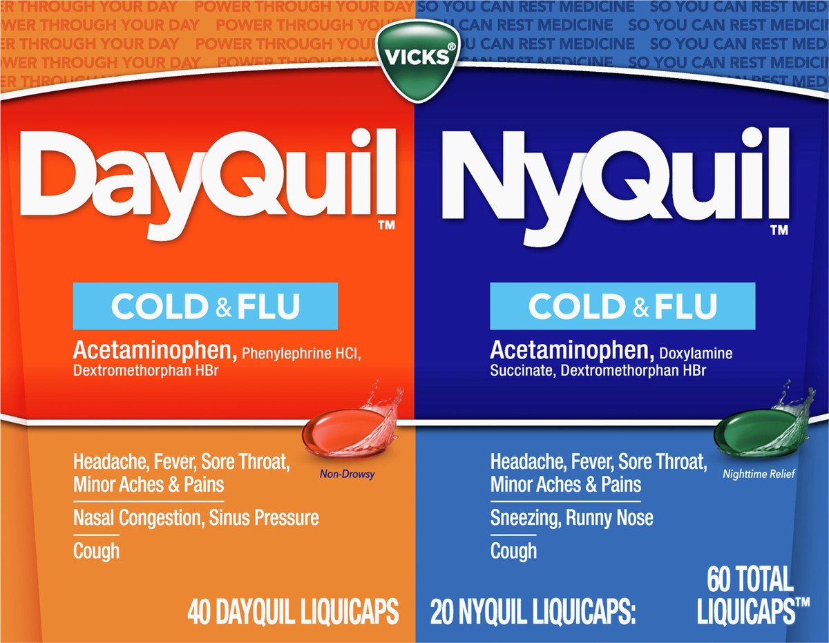 slide 3 of 8, Vicks DayQuil and NyQuil Combo Pack, Cold & Flu Medicine, Powerful Multi-Symptom Daytime and Nighttime Relief for Headache, Fever, Sore Throat, Minor Aches and Pains, and Cough, 60 Count, 40 DayQuil Liquicaps, 20 NyQuil Liquicaps, 60 ct