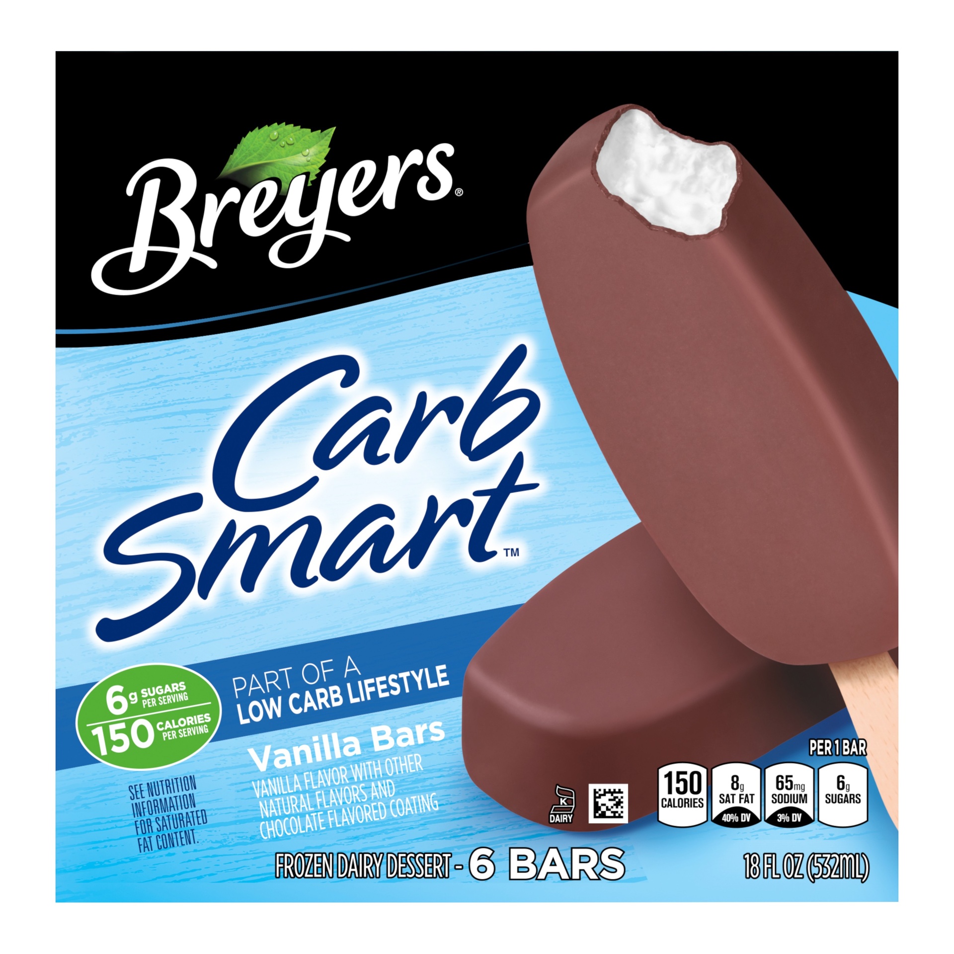 slide 1 of 3, Breyer's Carb Smart Vanilla Bars Ice Cream, 6 ct; 18 fl oz
