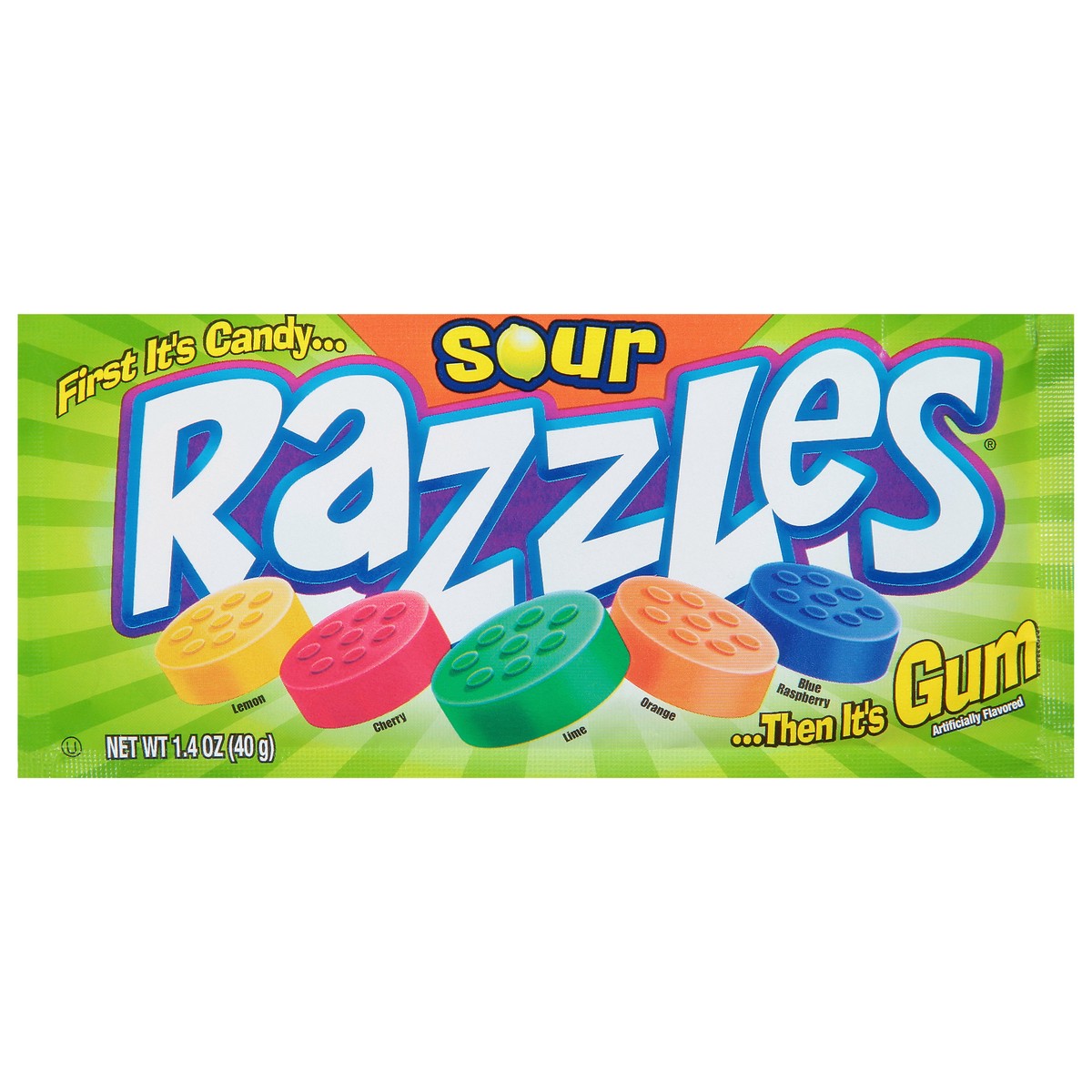 slide 1 of 9, Razzles Sour Candy/Gum, 1.4 oz