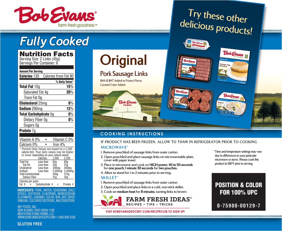 slide 13 of 14, Bob Evans Fully Cooked Original Pork Sausage Links 9.6 oz. Box, 12 ct