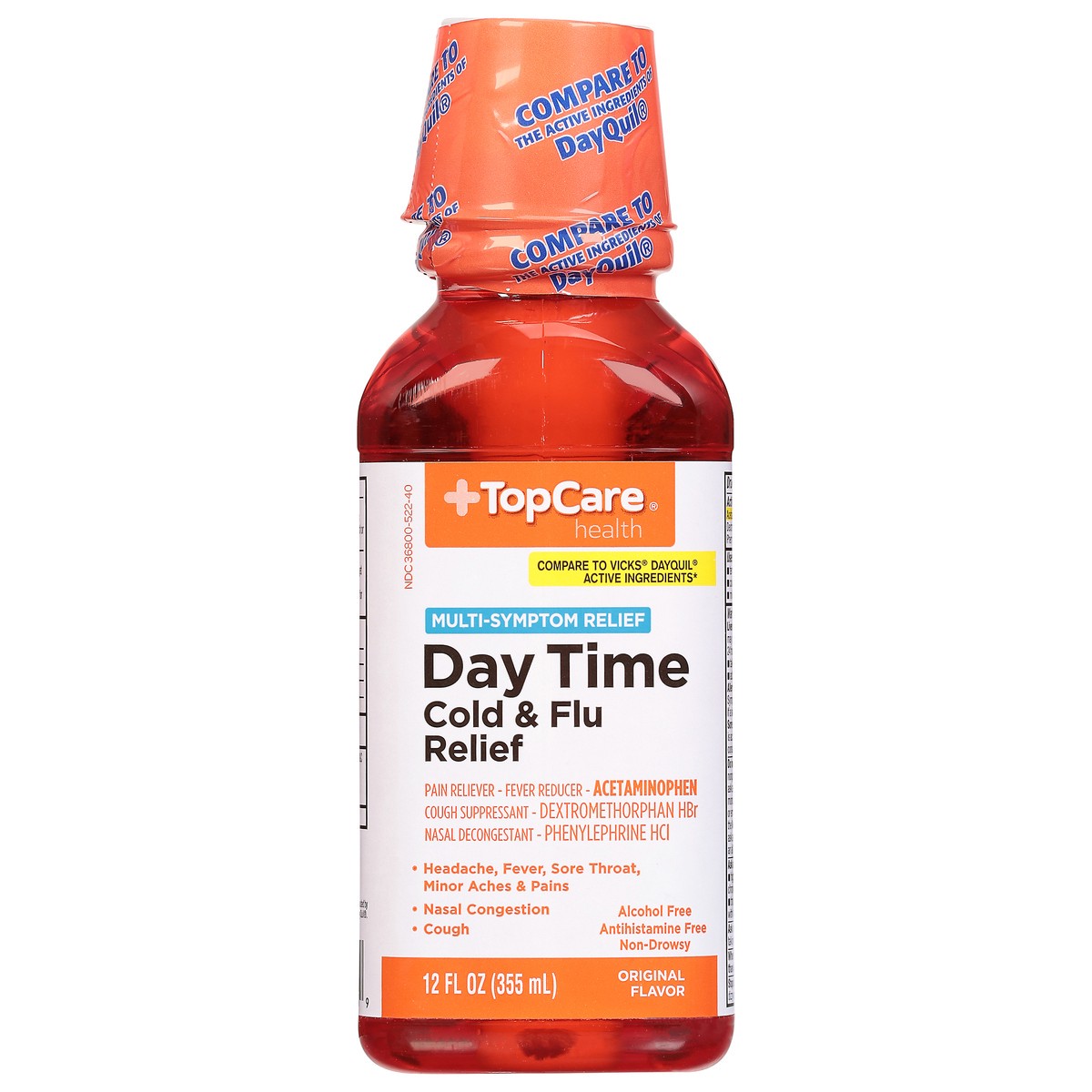 slide 1 of 9, TopCare Health Multi-Symptom Relief Day Time Original Flavor Cold & Flu Relief 12 fl oz, 12 fl oz