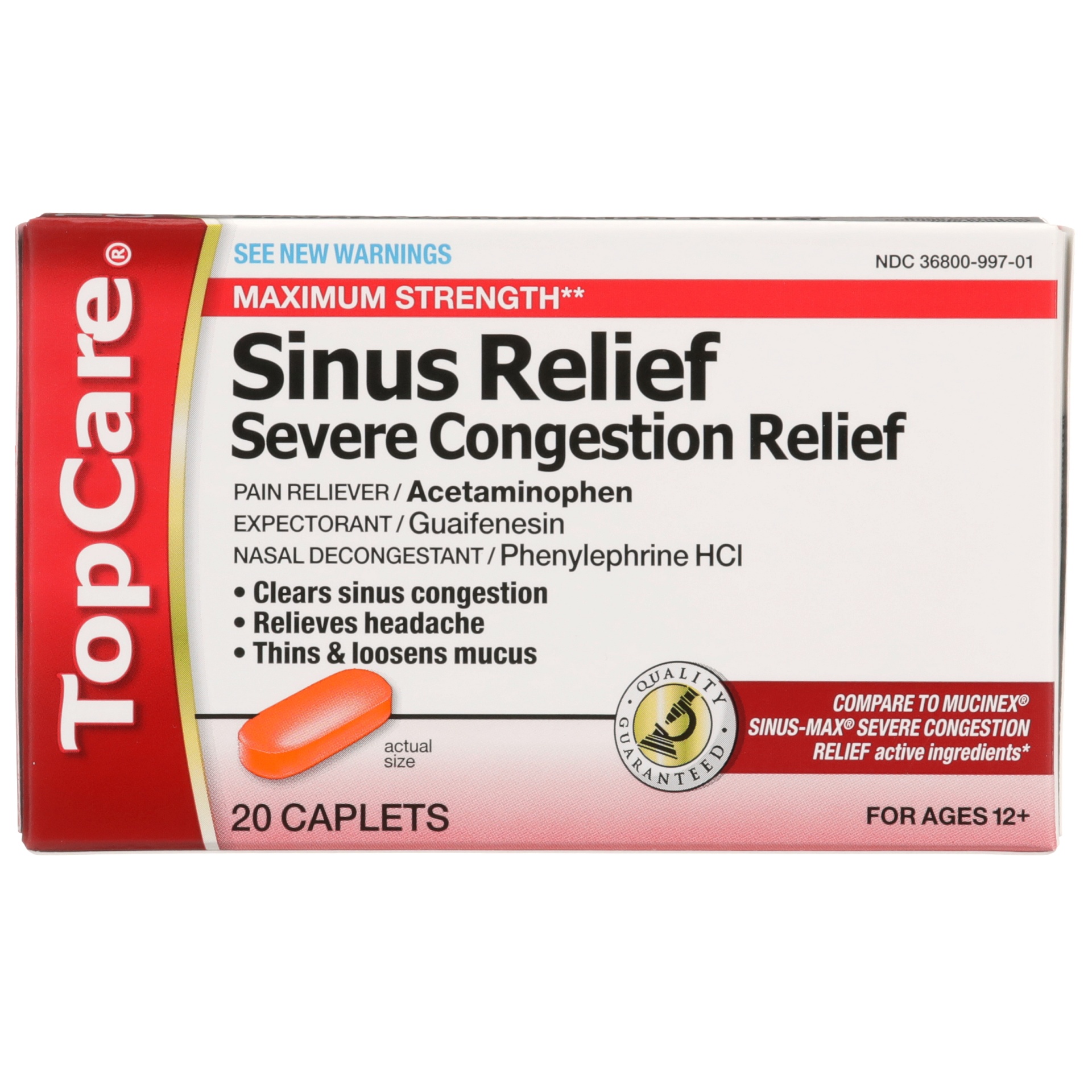 slide 1 of 6, TopCare Sinus Relief Severe Congestion Relief Maximum Strength, 20 ct