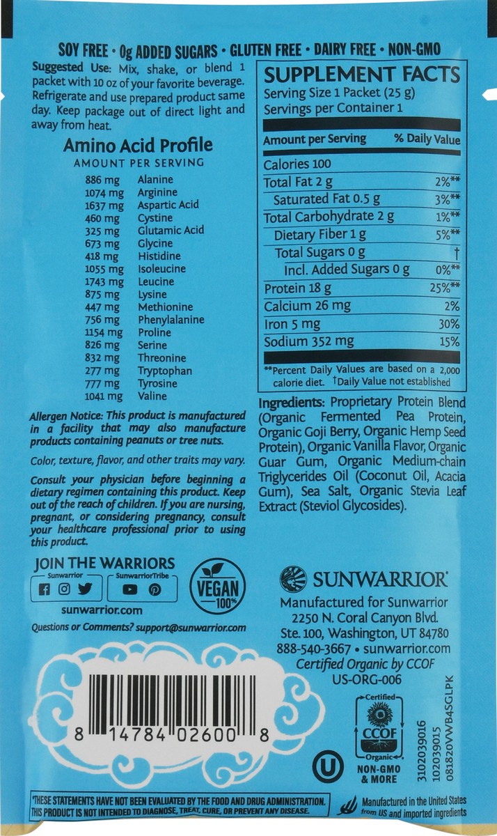 slide 10 of 14, Sunwarrior Vanilla Flavor Protein Warrior Blend 0.9 oz, 0.9 oz