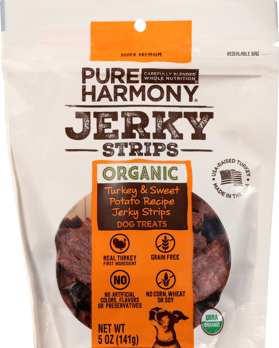 slide 1 of 14, Pure Harmony Jerky Strips Organic Turkey & Sweet Potato Recipe Dog Treats 5 oz, 5 oz