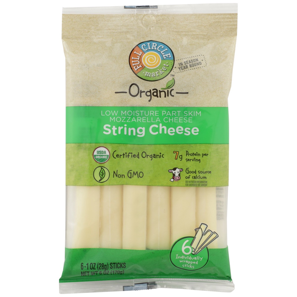 slide 7 of 9, Full Circle Market Organic Mozzarella String Cheese 6-1 Oz Sticks, 6 oz