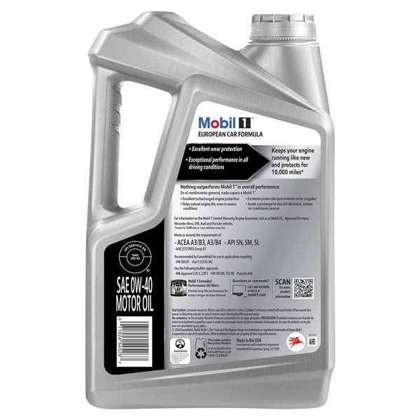 slide 5 of 5, Mobil 1 European Car Formula Mobil 1 FS European Car Formula Full Synthetic Motor Oil 0W-40, 5 Quart, 5 qt