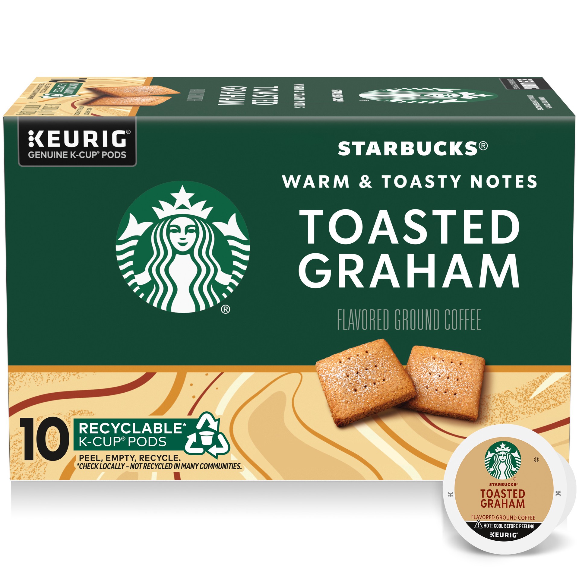 slide 1 of 9, Starbucks K-Cup Coffee Pods, Toasted Graham Flavored Coffee, Naturally Flavored, 100% Arabica, 1 box (10 pods), 3.3 oz