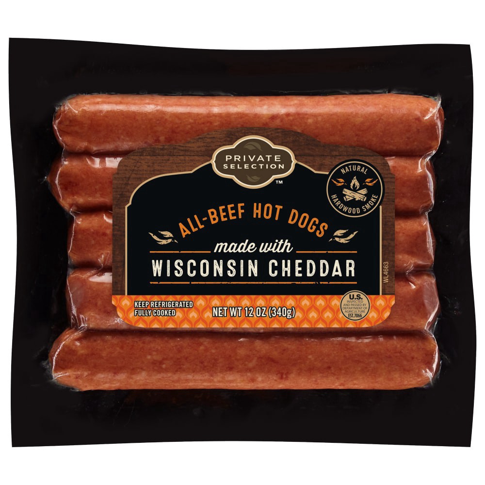 slide 1 of 2, Private Selection All-Beef And Wisconsin Cheddar Hot Dogs, 12 oz