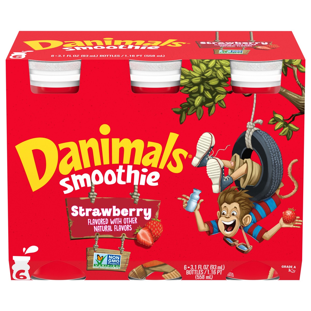 slide 1 of 5, Danimals Smoothie Strawberry Explosion Dairy Drink Multi-Pack, 6 Ct, 3.1 OZ Smoothie Bottles, 6 ct