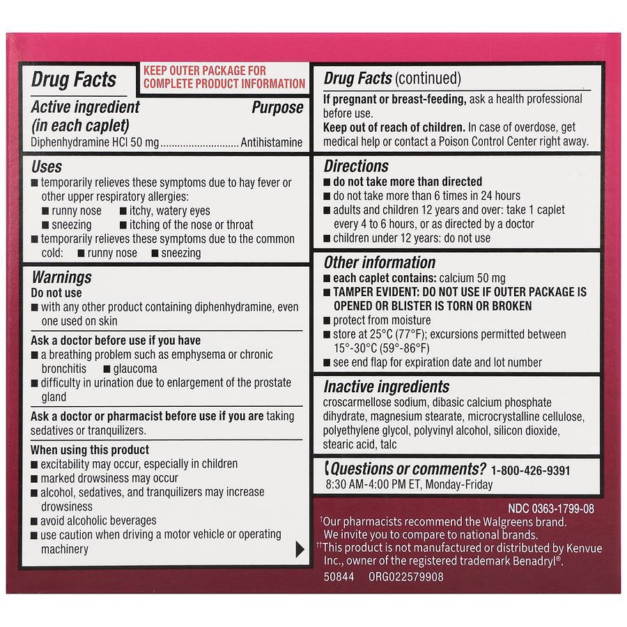slide 2 of 5, Walgreens Allergy Relief Diphenhydramine HCl 50 mg Caplets Extra Strength, 24 ct