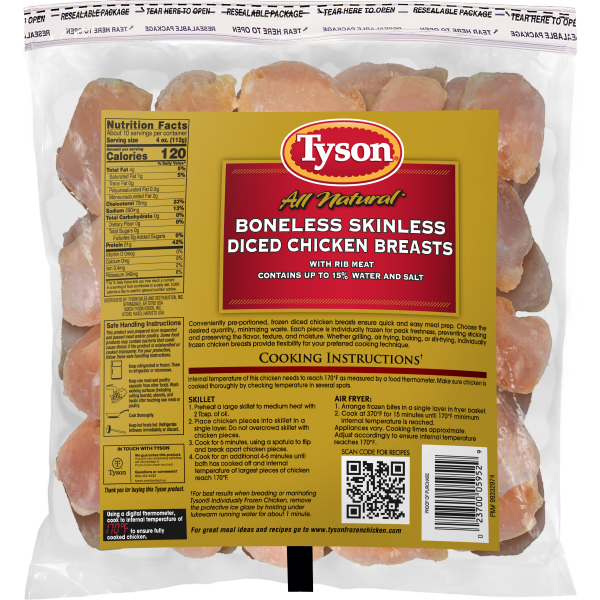slide 3 of 5, Tyson RTC, Ice Glazed Boneless Skinless Chicken Breast Chunks with rib meat, 40 oz