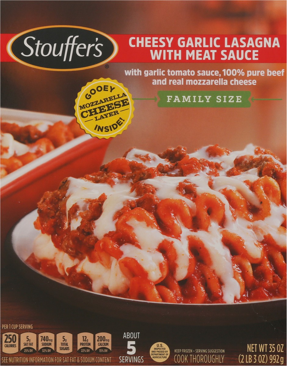 slide 6 of 9, Stouffer's Family Size Cheesy Garlic Lasagna with Meat Sauce Frozen Meal, 35 oz