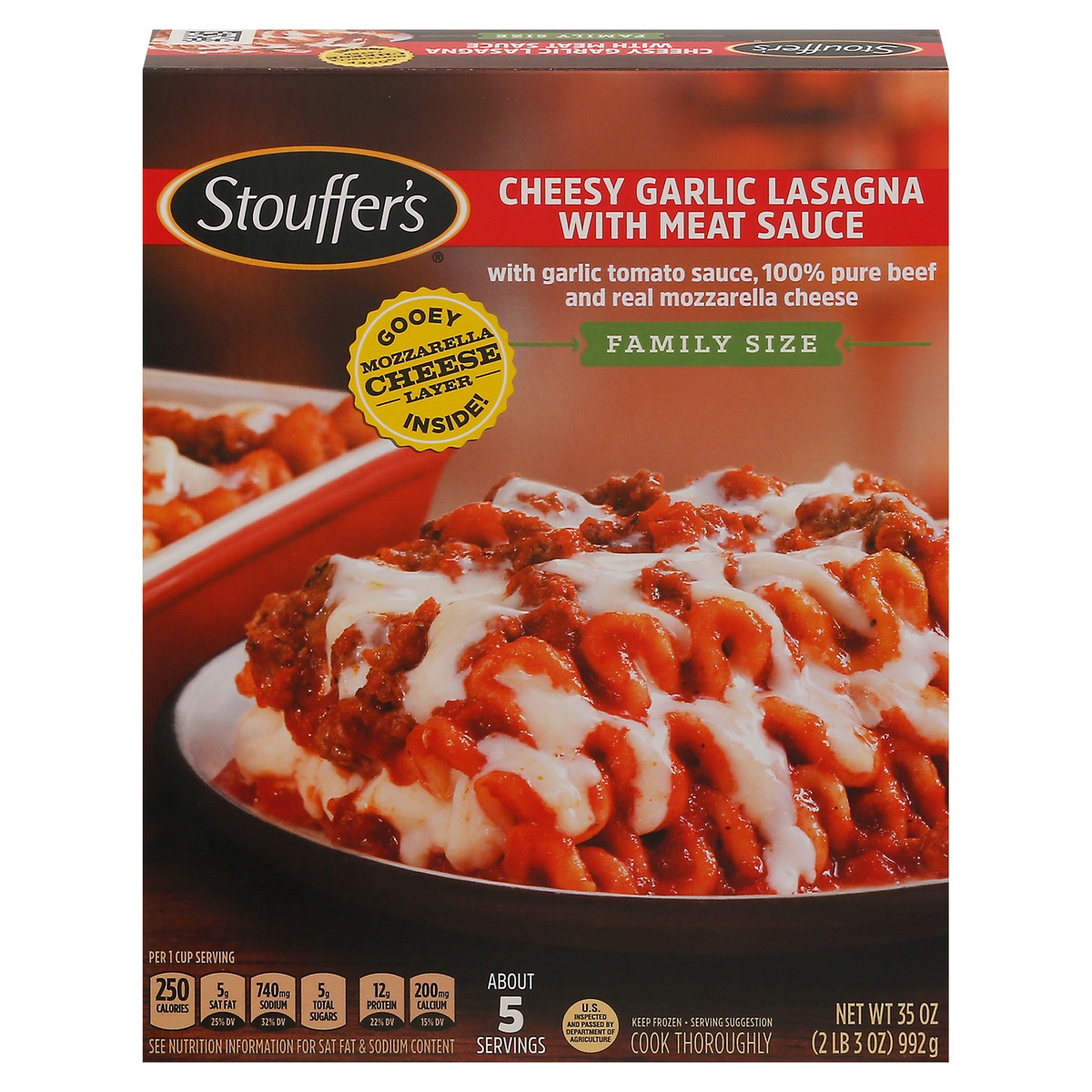 slide 1 of 9, Stouffer's Family Size Cheesy Garlic Lasagna with Meat Sauce Frozen Meal, 35 oz