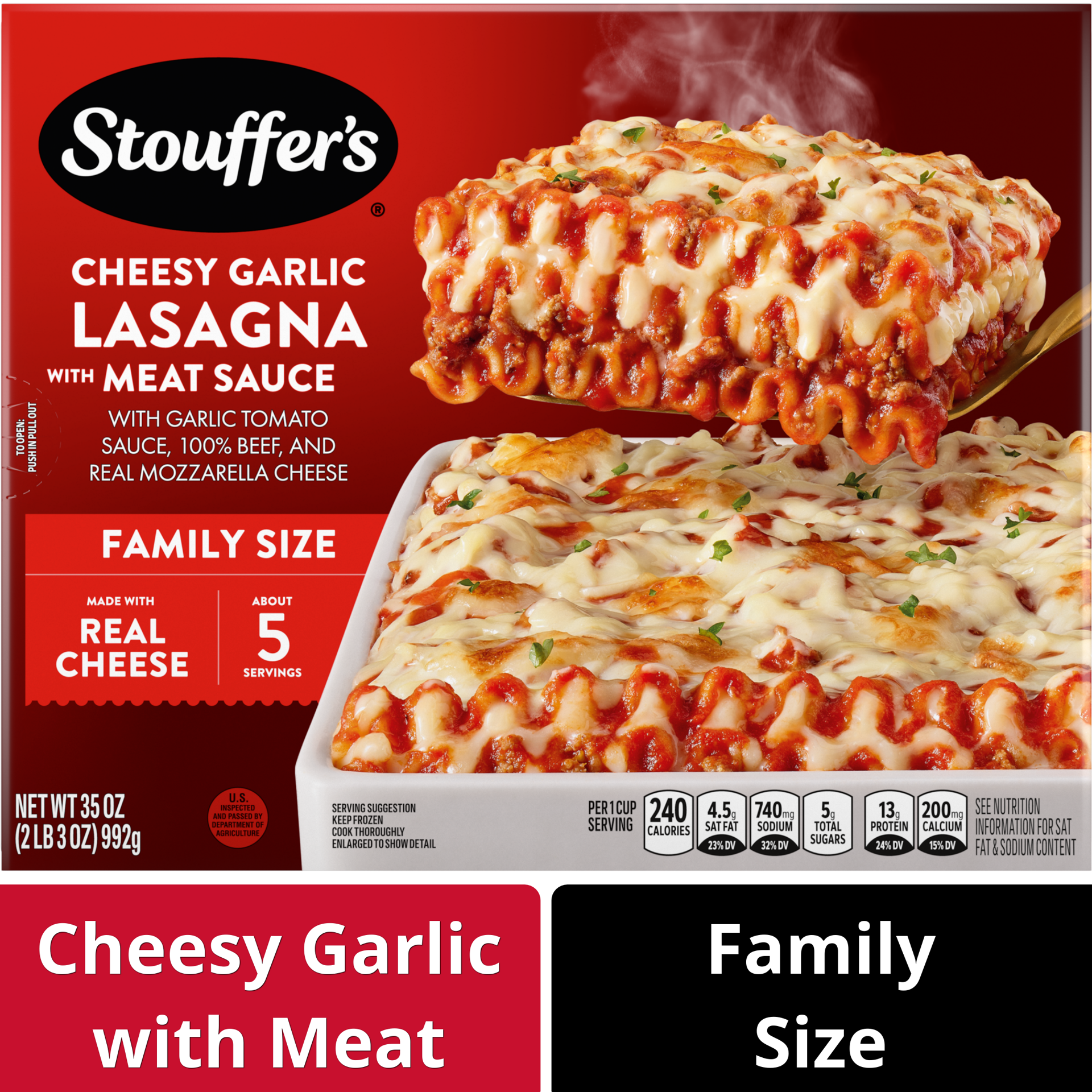 slide 1 of 9, Stouffer's Family Size Cheesy Garlic Lasagna with Meat Sauce Frozen Meal, 35 oz