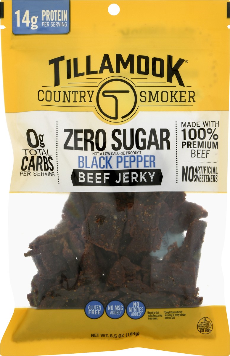 slide 1 of 9, Tillamook Black Pepper Zero Sugar Beef Jerky, 6.5 oz