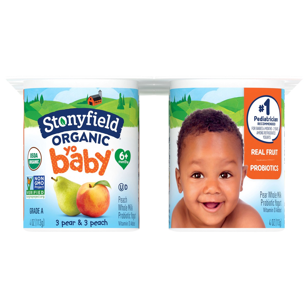 slide 1 of 4, Stonyfield Organic Yo Baby 6+ Months Whole Milk Pear & Peach Yogurt with Probiotics 6 - 4 oz Cups, 6 ct